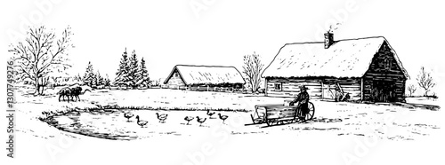 Engraved rural landscape depicting a tranquil homestead with farm animals and natural beauty in a serene setting
