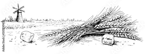 Engraved illustration of a windmill beside harvested wheat and stones depicting rural life in a tranquil landscape