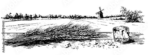 Harvesting wheat with an old windmill in a serene countryside landscape brings history to life through engraved illustration