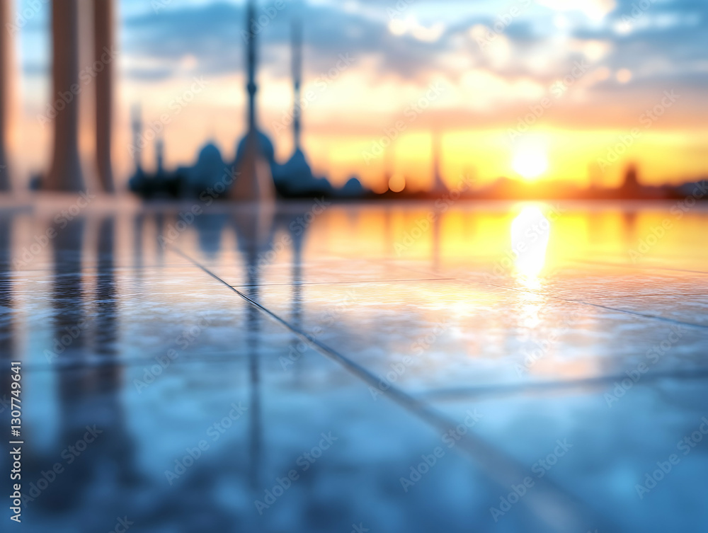 Obraz premium Sunset view of a mosque reflected in a polished floor, peaceful evening scene. Ideal for travel brochures, websites, and tourism promotion