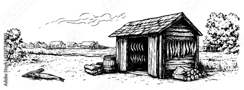 Rustic lakeside shed with fishing gear and logs at dawn, embodying peaceful rural life