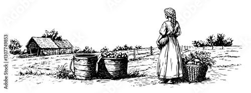 Woman in traditional dress gazes at farmhouse while surrounded by baskets and barrels in a serene rural landscape