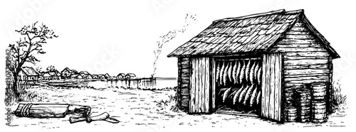 Rustic lakeside shed with fish drying in the sun amid a tranquil village at dusk