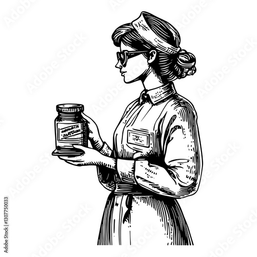 Vintage nurse holding a glass jar of medicinal tonic in a historical pharmacy setting during the early 20th century