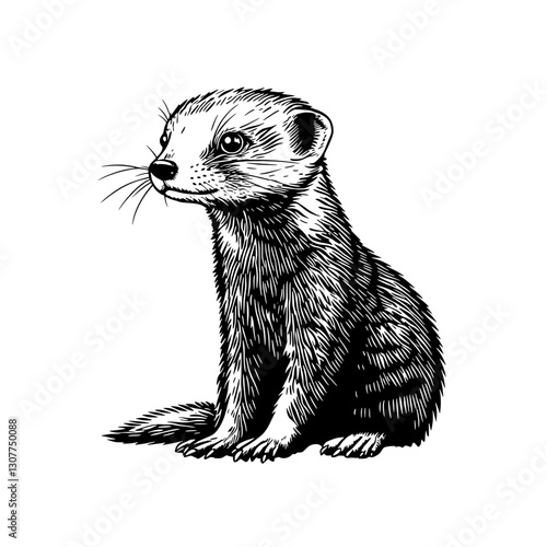 Charming engraved illustration of a relaxed ferret sitting gracefully in a tranquil setting full of nature's charm