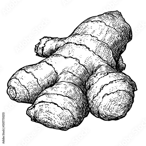 Detailed engraved illustration of fresh ginger root showcasing its unique texture and organic shape