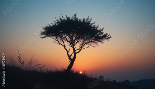 Silhouetted tree against the sunset horizon.