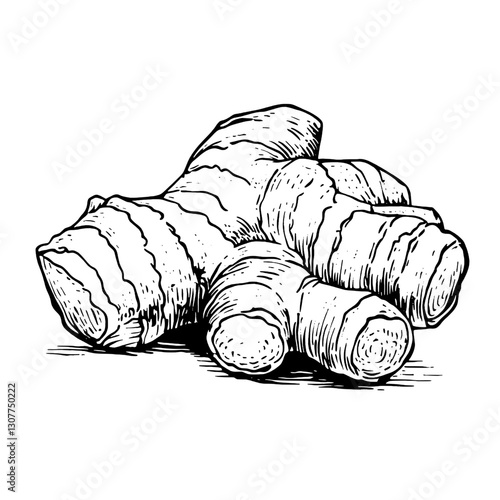Engraved illustration of fresh ginger root showcasing intricate details and textures in a rustic, artistic style