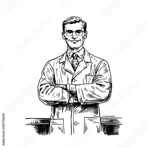 Engraved illustration of a confident scientist in a laboratory setting focused on research and innovation