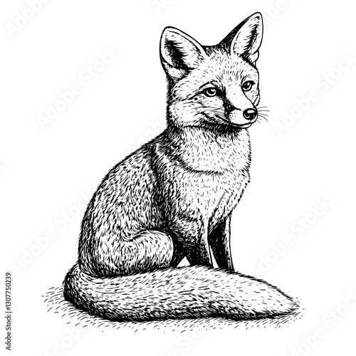 Engraved depiction of a fox sitting gracefully, showcasing intricate details in fur and expression within a natural setting