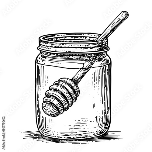 Intricate engraving of a honey jar with a dipper, showcasing craftsmanship and the beauty of natural sweetness