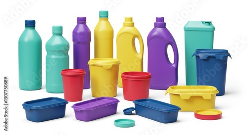 Sustainable Packaging: Colorful Bottles and Containers - Eco-friendly concept, recyclable plastic, reusable containers, colorful design, sustainable living photo