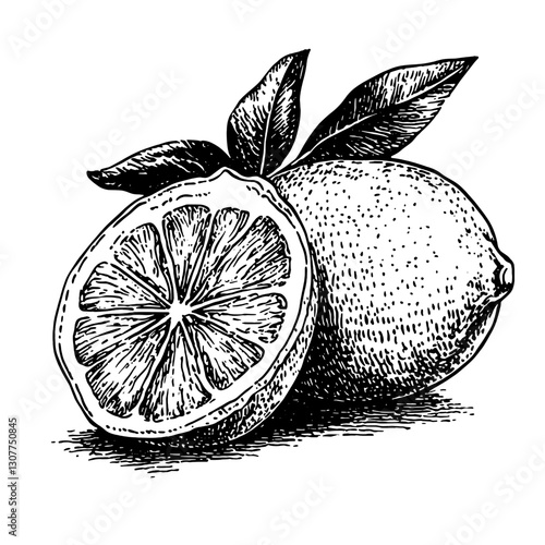 Hand-drawn vector illustration of a lemon and a half showcasing its texture and natural beauty