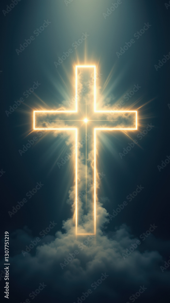Fototapeta premium Illustration of a glowing cross against a dark sky with clouds.