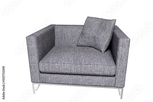 Full indoor shot of a gray fabric armchair