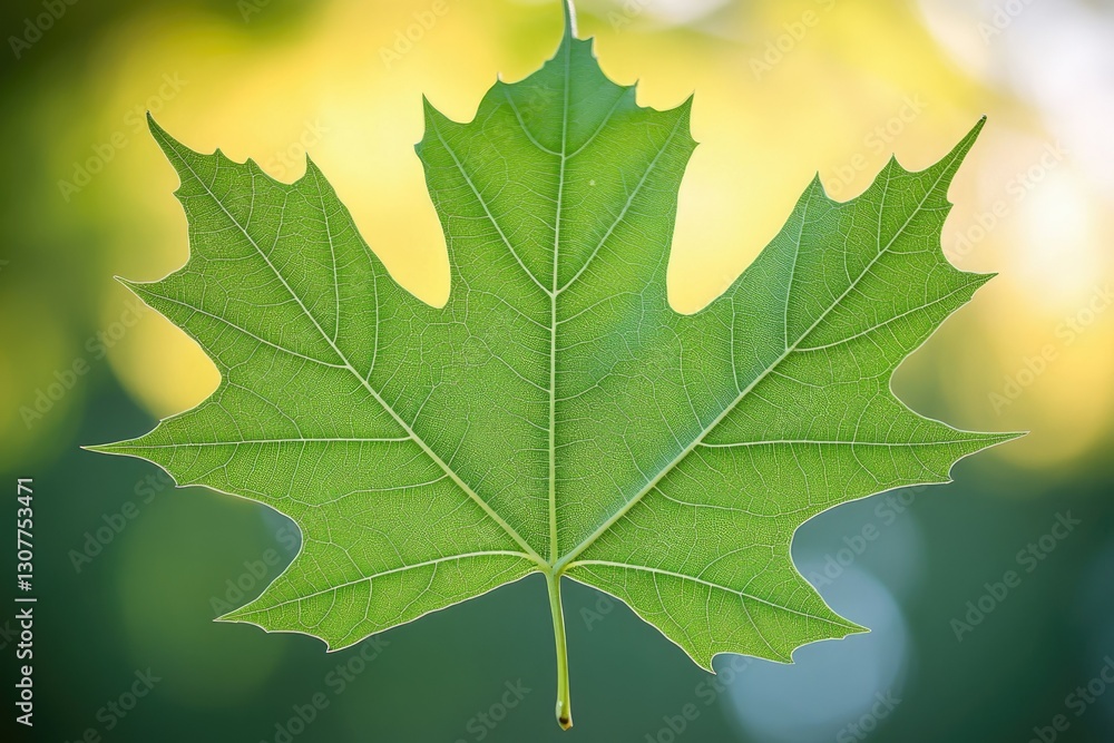 Fototapeta premium A single, vibrant green maple leaf, backlit, showcasing intricate vein details against a blurred natural background.