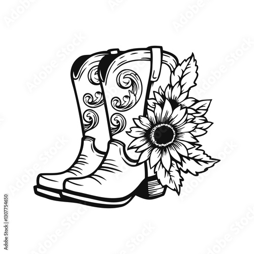 Cowboy boots with sunflower. Vector graphic hand drawn illustration rodeo cowboy clothes isolated on white for print or design