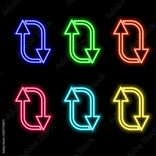 Digital futuristic style transfer. Two multidirectional arrows, swap concept. Vector illustration with light and neon effect.