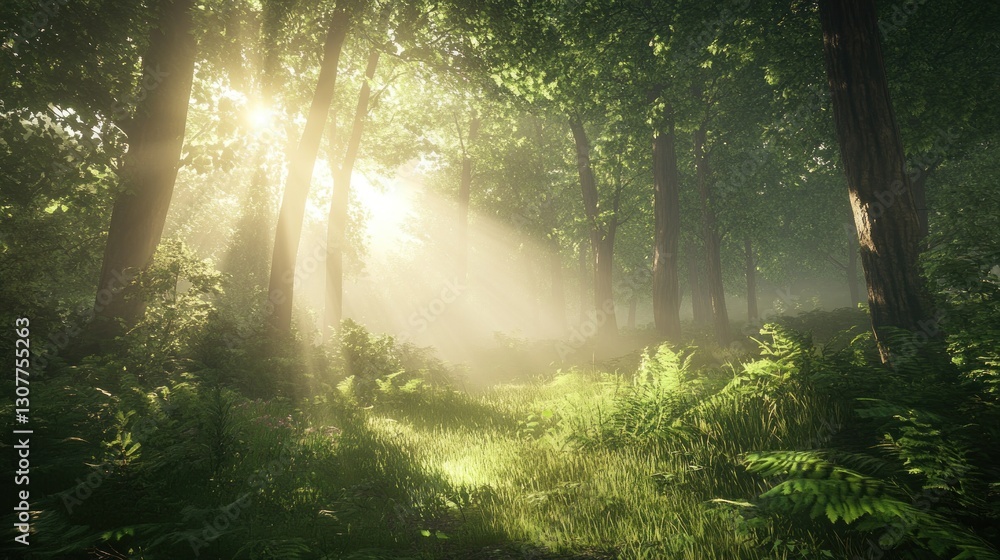 Obraz premium Sunbeams pierce misty forest path