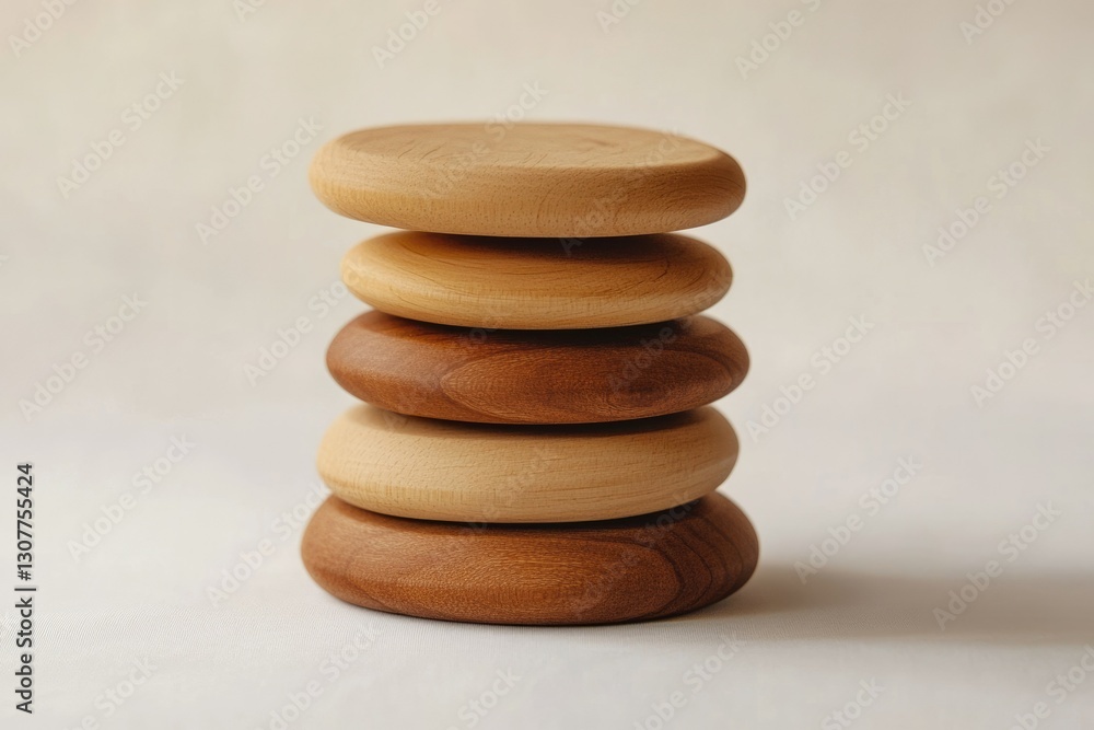 A stack of five smooth, round wooden discs in light and dark wood tones.