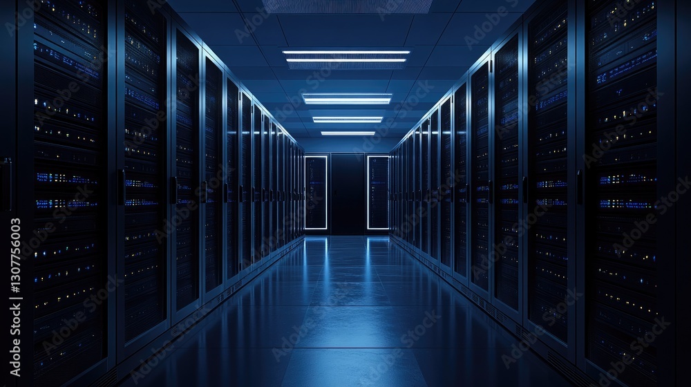 Futuristic data center with rows of illuminated server racks in a high-security environment, ideal for cloud computing, cybersecurity, and advanced IT infrastructure solutions Futuristic data center with rows of illuminated server racks in a high-security environment, ideal for cloud computing, cybersecurity, and advanced IT infrastructure solutions