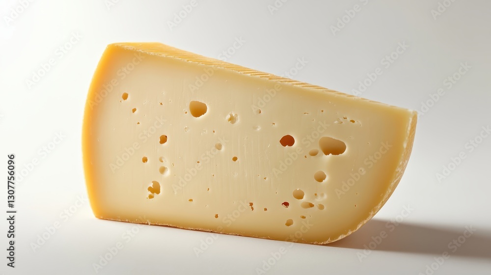 Triangular swiss cheese wedge positioned on pristine white surface, showcasing distinctive honeycomb like holes and rich golden yellow coloration, presenting gourmet dairy delicacy Triangular swiss cheese wedge positioned on pristine white surface, showcasing distinctive honeycomb like holes and rich golden yellow coloration, presenting gourmet dairy delicacy