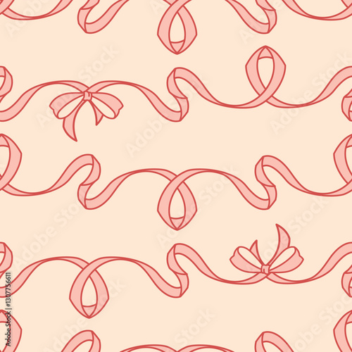 Soft and romantic seamless pattern featuring coquette ribbons and bows in cream and pink hues. A flirty feminine background for romantic gift wrap, pastel fabric, delicate wallpaper