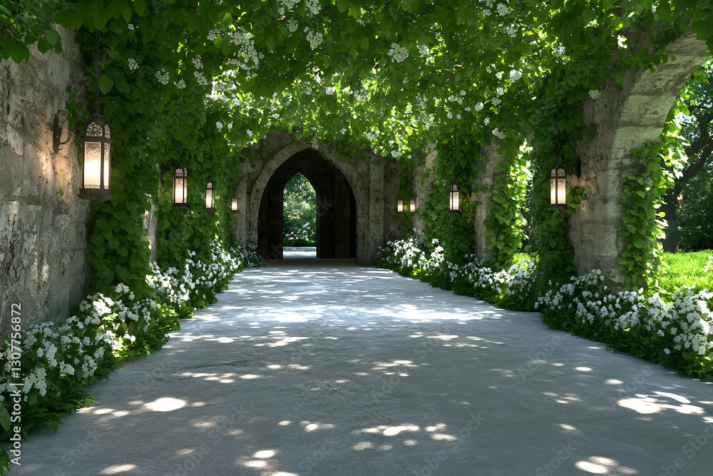Tranquil stone pathway, arched entryway, lush greenery overhead, garden background; ideal for wedding, romance, or serenity concepts Tranquil stone pathway, arched entryway, lush greenery overhead, garden background; ideal for wedding, romance, or serenity concepts