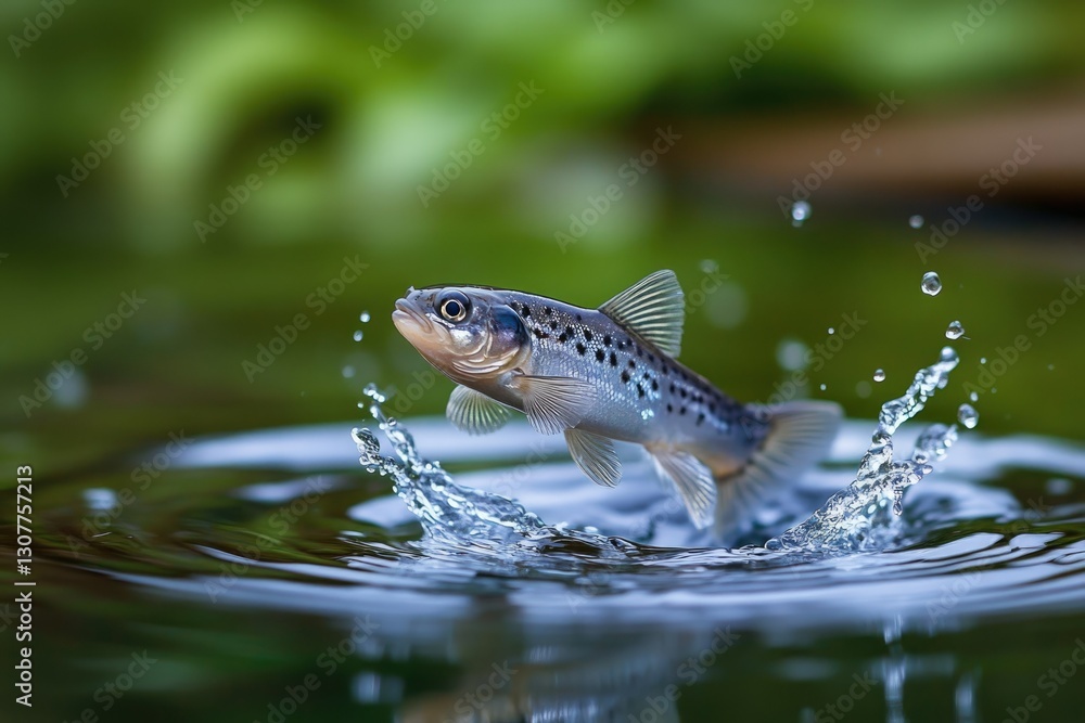 Fototapeta premium A small fish leaps from the water, creating a splash; a vibrant scene of nature.