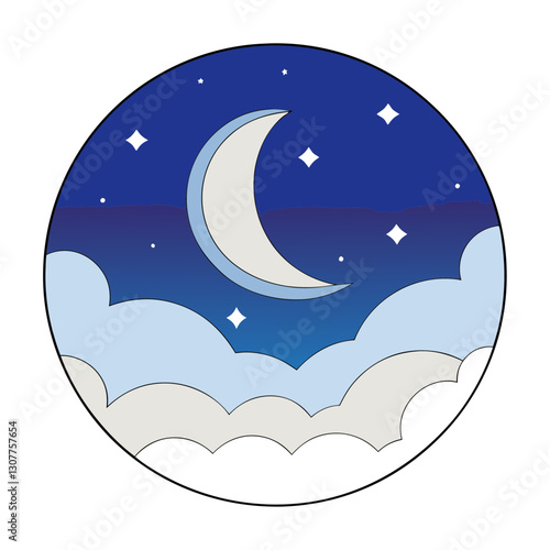 New Moon icon shining in starry night sky, celestial symbolism