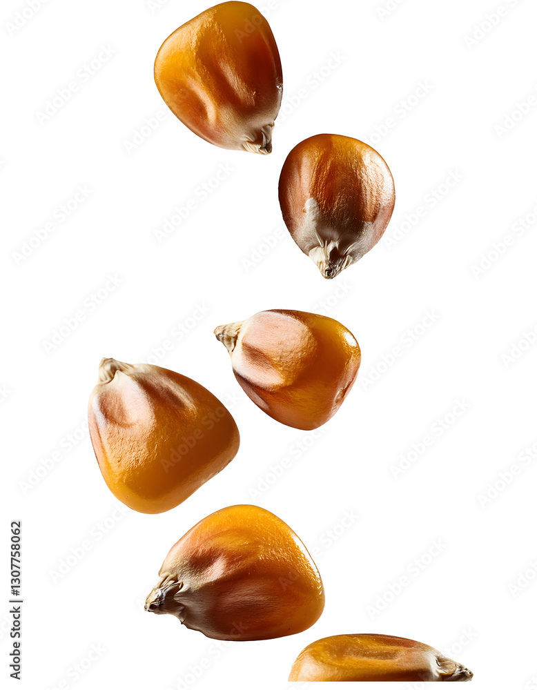 Group of corn grains falling freely falling freely on white background Group of corn grains falling freely falling freely on white background