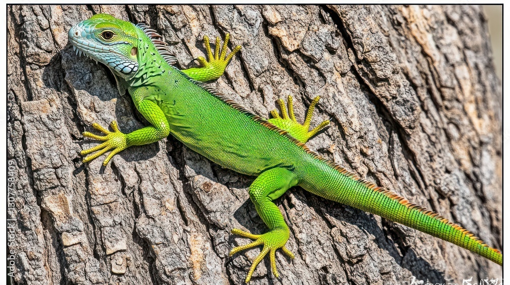 Fototapeta premium Green Iguana on Tree Trunk