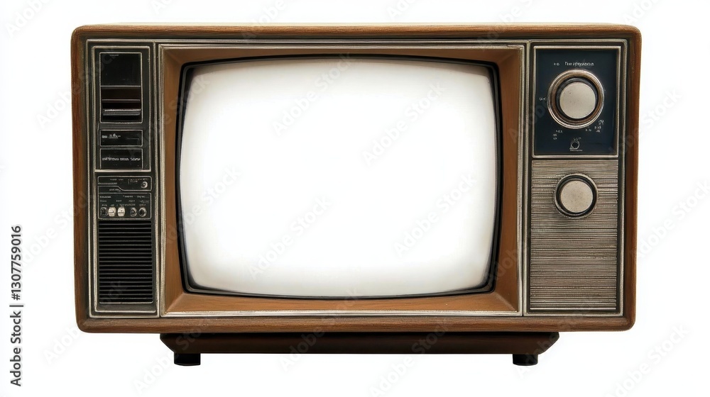 Classic wooden framed television set displaying a bright white screen, evoking nostalgia for simpler times in media and entertainment, isolated on a white background Classic wooden framed television set displaying a bright white screen, evoking nostalgia for simpler times in media and entertainment, isolated on a white background