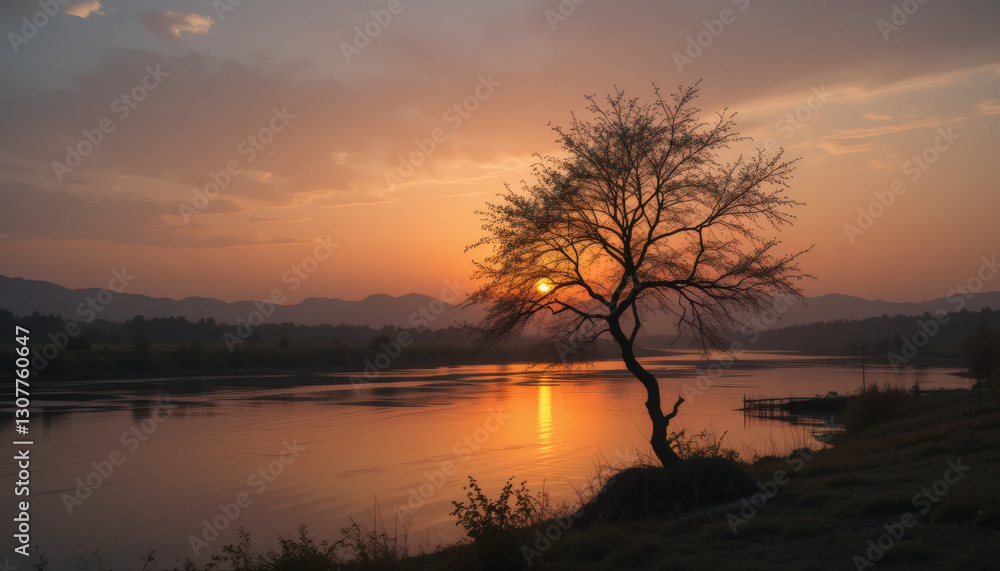 Sunset over tranquil river with silhouette tree. Sunset over tranquil river with silhouette tree.