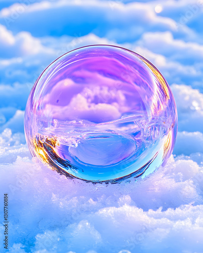 Wallpaper Mural Iridescent bubble resting on snow, reflecting sky; winter wonderland scene, ideal for phone wallpaper Torontodigital.ca