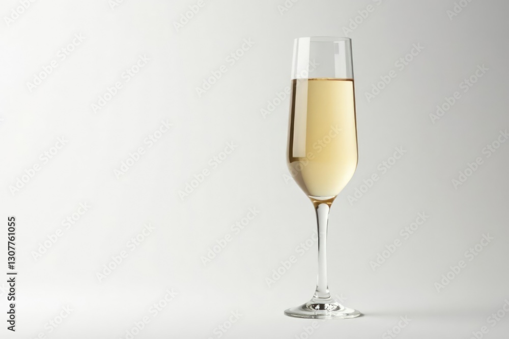 Flute filled with champagne is placed against a crisp white background, highlighting its delicate shape, white background, art piece Flute filled with champagne is placed against a crisp white background, highlighting its delicate shape, white background, art piece
