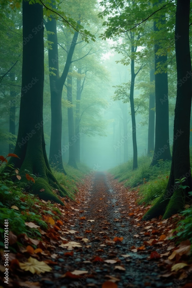 Fototapeta premium Foggy forest with wet leaves scattered on the ground, atmosphere, woods, green