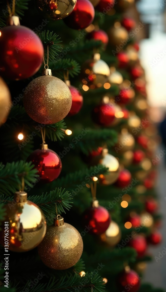 Golden and red Christmas tree decorations hanging in a row, holiday, Christmas trees Golden and red Christmas tree decorations hanging in a row, holiday, Christmas trees