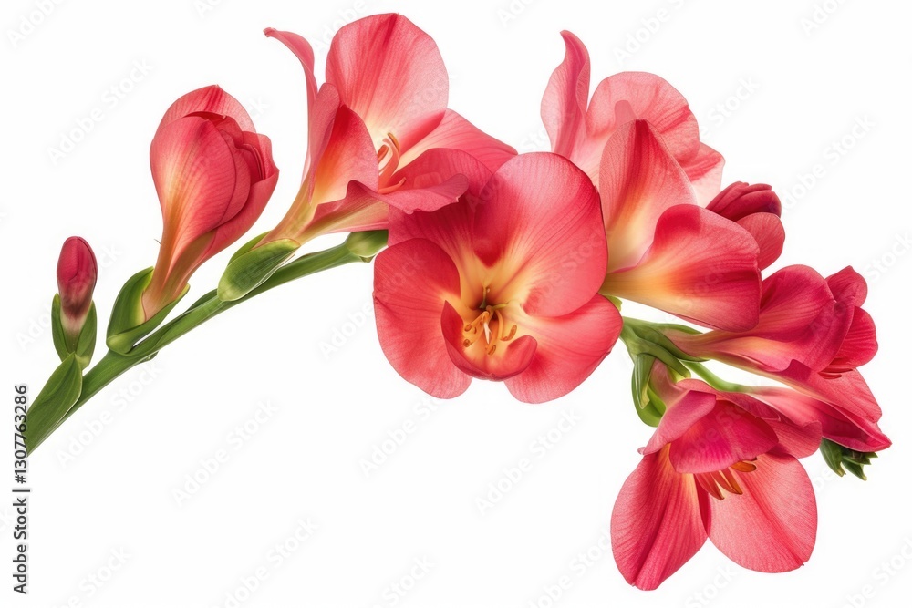 A graceful branch of vibrant pink Freesia flowers, blossoms in full bloom, isolated on white. A graceful branch of vibrant pink Freesia flowers, blossoms in full bloom, isolated on white.