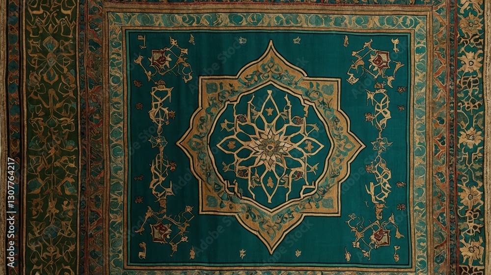 Teal and Gold Oriental Rug Design Intricate Geometric Pattern Teal and Gold Oriental Rug Design Intricate Geometric Pattern