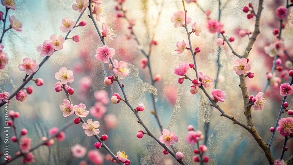 Plum Blossoms Bloom Through Frosted Glass in Springtime View Generative AI Plum Blossoms Bloom Through Frosted Glass in Springtime View Generative AI