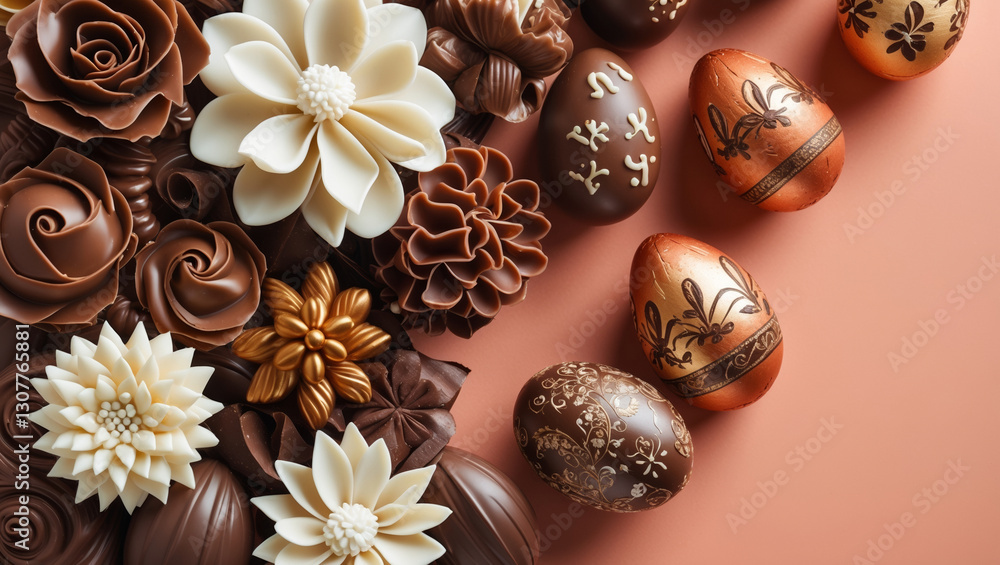 Gourmet chocolate artisan creations featuring decorated eggs and intricate floral designs for elegant celebrations Gourmet chocolate artisan creations featuring decorated eggs and intricate floral designs for elegant celebrations