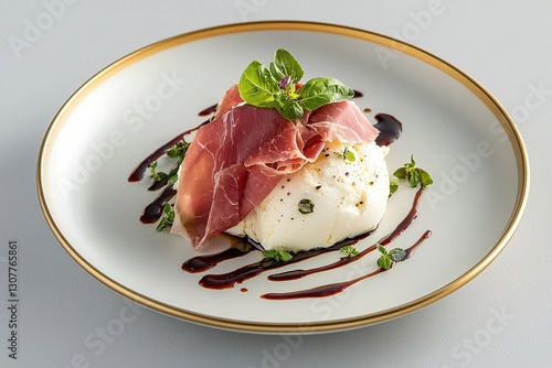 Burrata cheese topped with prosciutto and balsamic reduction on a gold plate with a soft ivory background