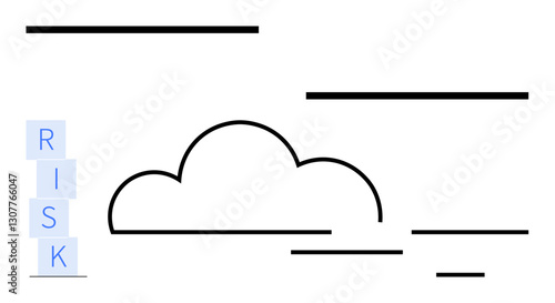 Central minimal cloud surrounded by horizontal lines with stacked RISK text blocks. Ideal for risk management, uncertainty, business strategy, leadership planning, decision-making, cloud computing