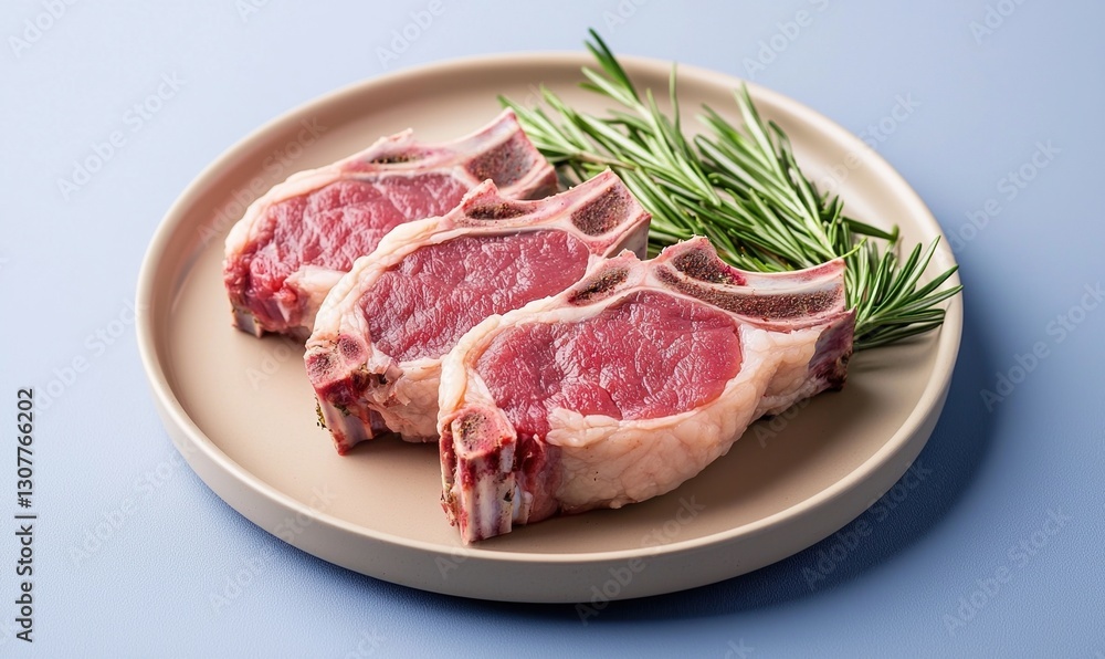 Mountain lamb dish featuring tender cuts, seasoned with herbs and garlic on a beige plate against a soft blue background Mountain lamb dish featuring tender cuts, seasoned with herbs and garlic on a beige plate against a soft blue background