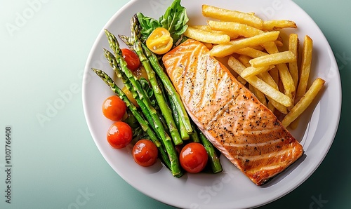 Elegant presentation of salmon with fries and vegetables on a muted blue table setting for a contemporary dining experience