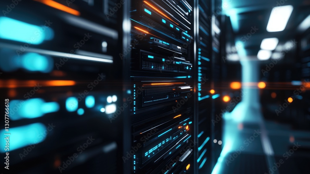 Naklejka premium Close-up of illuminated server racks in a data center, ideal for IT infrastructure, cloud computing, and cybersecurity