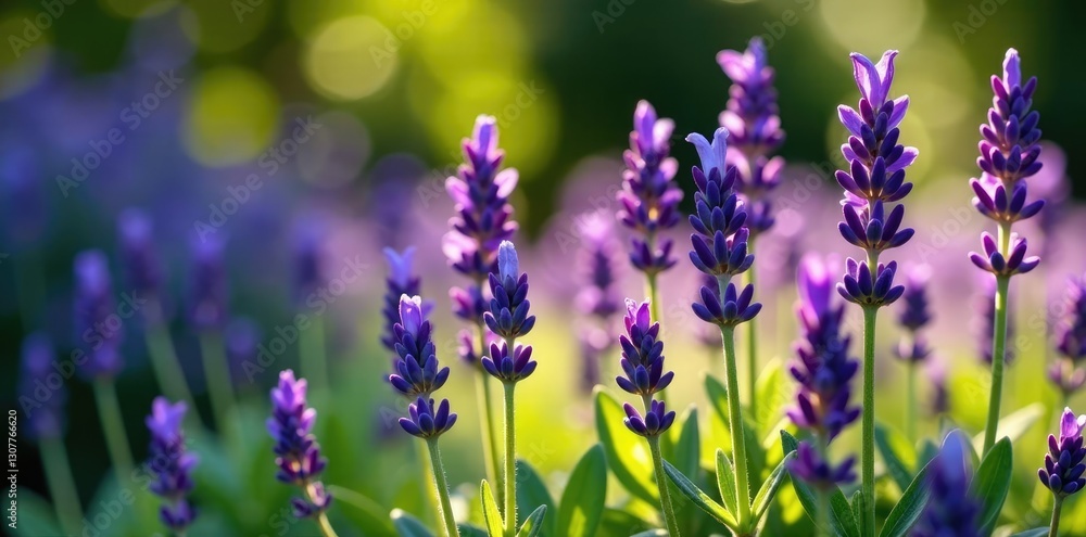 Fototapeta premium Lavender flowers in sunlight with dark shadows, shadows, garden