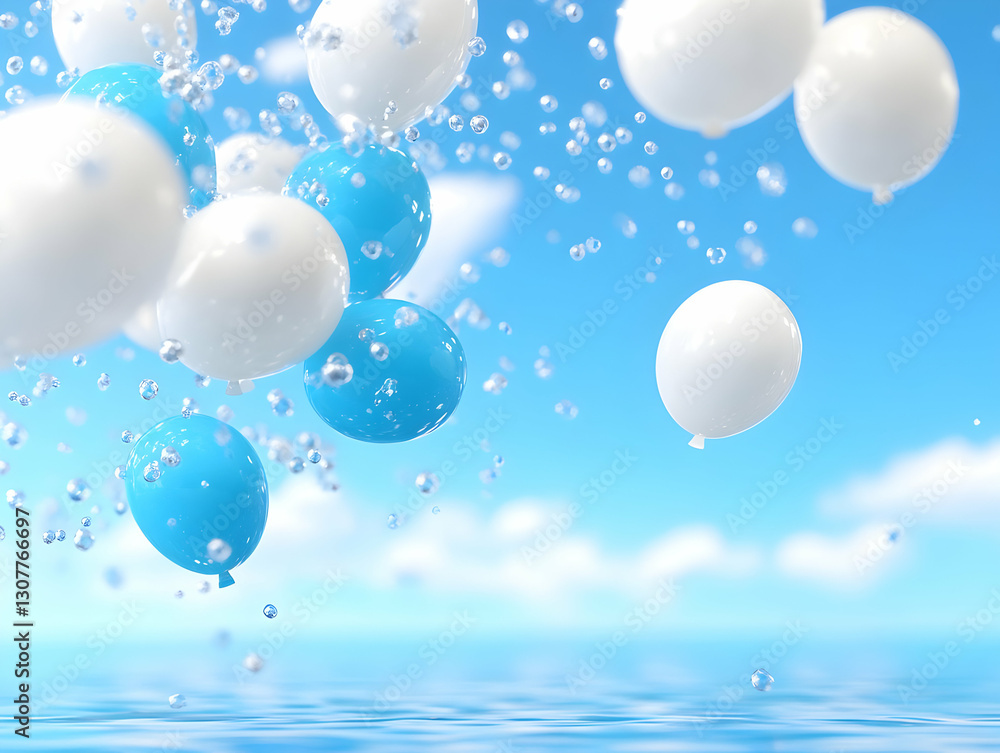 Fototapeta premium White and blue balloons float over a calm ocean under a bright sky; perfect for celebratory or summer themes