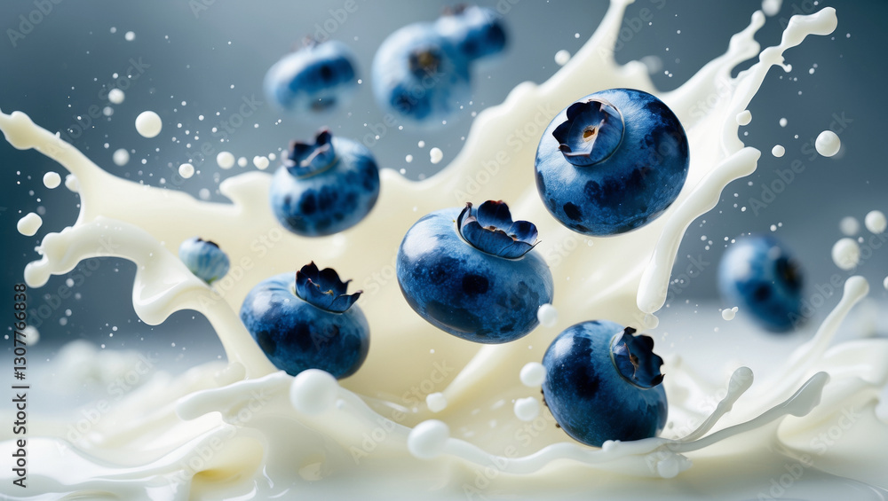 Fresh blueberries splash into creamy milk, creating dynamic motion and vibrant droplets filled with energy Fresh blueberries splash into creamy milk, creating dynamic motion and vibrant droplets filled with energy